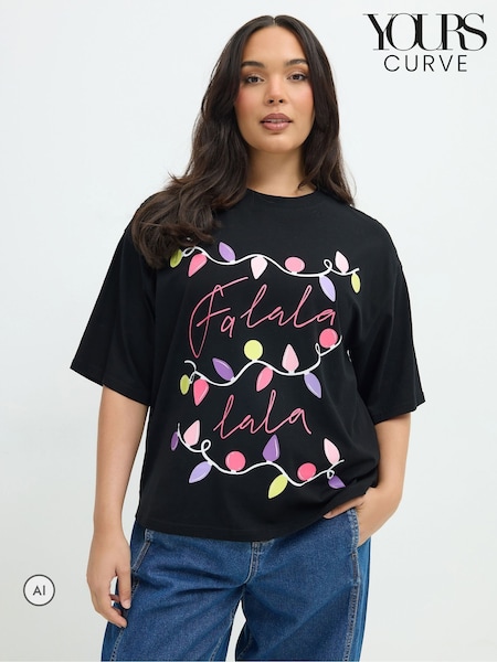 Black - Yours Curve Limited 'fa Lala' Christmas Lights T-shirt