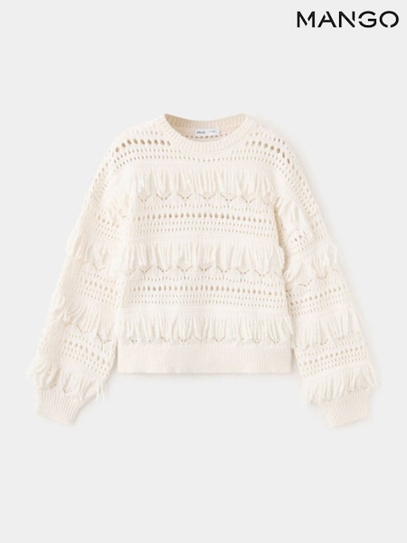 Cream - Mango Textured Fringe Openwork Knit Sweater