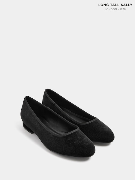 Black - Long Tall Sally Velvet Low Block Heel Ballerina Pumps In Standard Fit