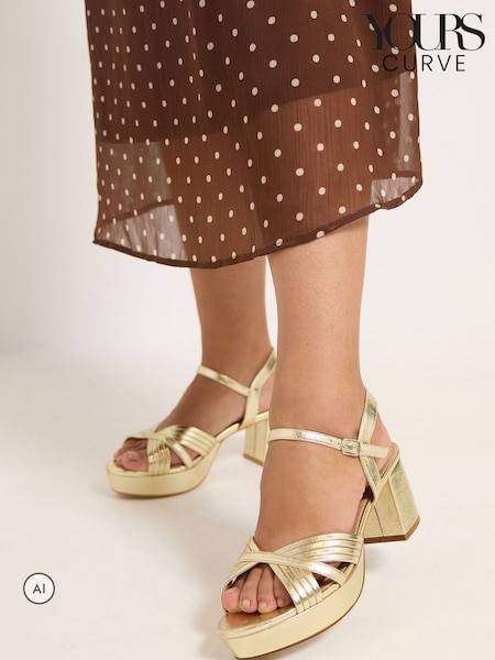 ذهبي - Yours Curve V-cut Platform Sandals In Wide E Fit