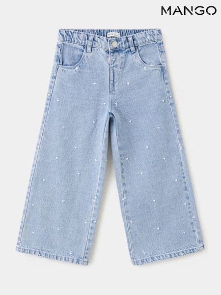 Blue - Mango Heart Embroidered Wide-leg Jeans