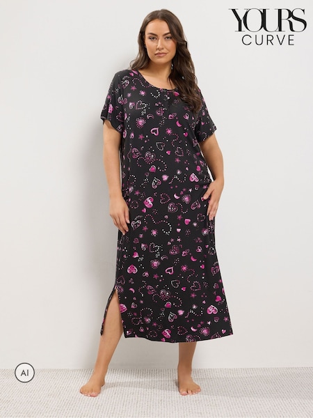 Blue - Yours Curve Heart Soft Touch Placket Midaxi Nightdress