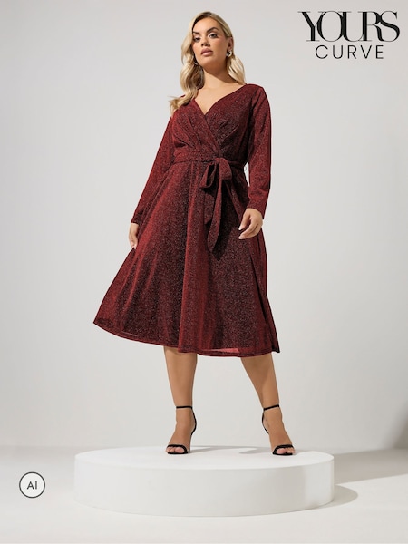 Red - Yours Curve Metallic Wrap Dress