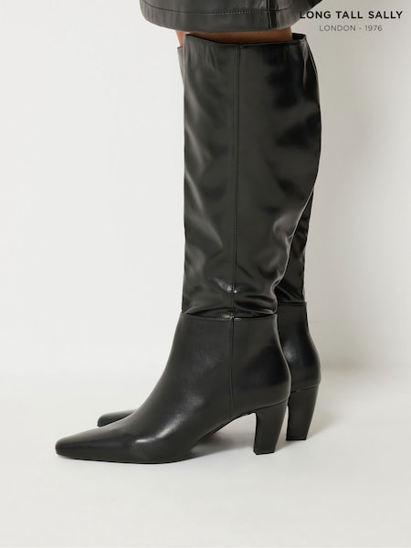 Black - Long Tall Sally Faux Leather Kitten Heel Knee High Boots In Standard Fit