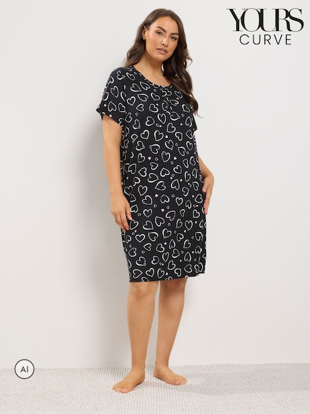 Black - Yours Curve Heart Print Placket Nightdress