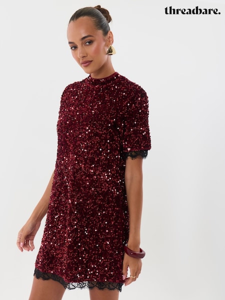 أحمر - Threadbare High Neck Sequin Mini Dress