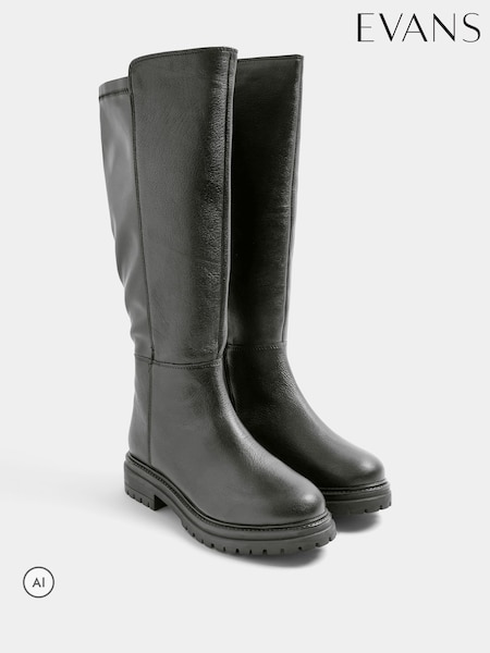 أسود - Evans Leather Knee High Boots In Extra-wide Eee Fit