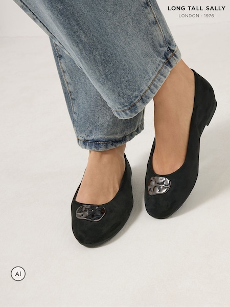 Black - Long Tall Sally Hammered Detail Ballerina Pumps In Standard Fit