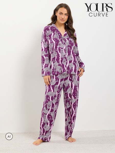 Red - Yours Curve Leopard Graphic Soft Touch Pyjamas Set