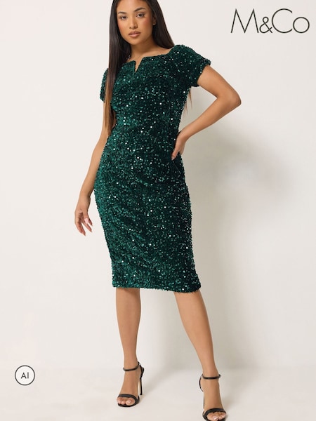 Black - M&co Petite Sequin Velvet Notch Neck Shift Dress
