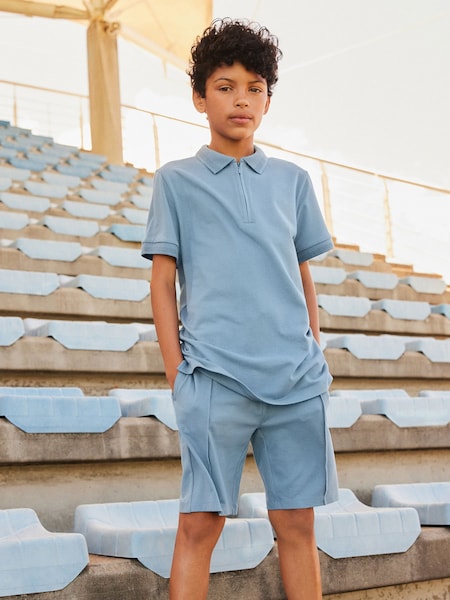 Blue Zip Neck Polo 100% Cotton Shirt And Shorts Set (3-16yrs) (279560) | €8 - €13