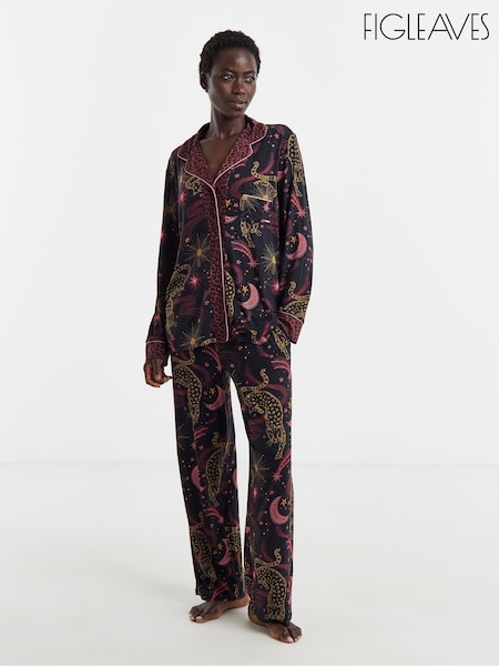 Black - Figleaves Celestial Leopard Contrast Pyjamas & Eyemask Set