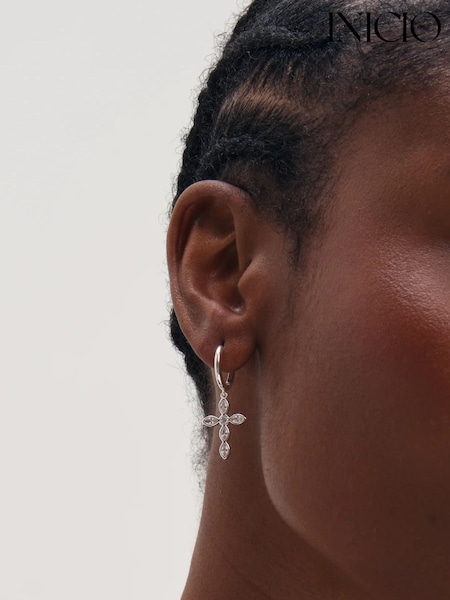 Silver Tone - Inicio Bezel Cross Charm Earrings