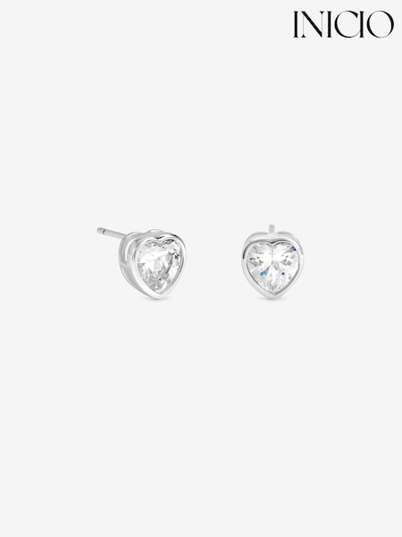 Silver Tone - Inicio Heart Bezel Studs Earrings