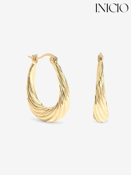 Gold Tone - Inicio Textured Large Oval Catch Hoops Earrings