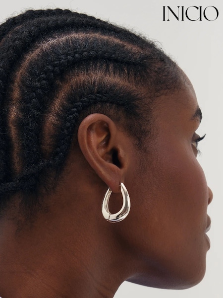 Silver Tone - Inicio Oval Hoops Earrings