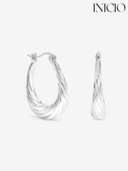 Silver Tone - Inicio Textured Large Oval Catch Hoops Earrings