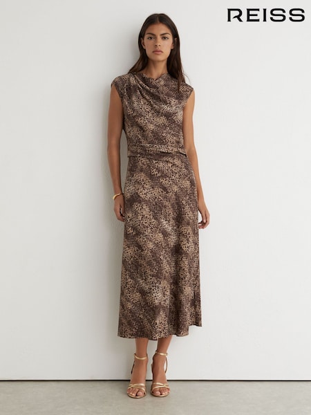Brown Print - Reiss Camie Draped-detail Printed Midi Dress