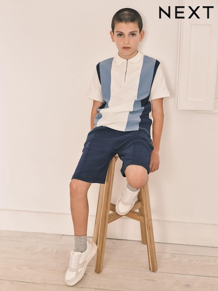White/Blue Zip Neck Polo Shirt And Shorts Set (3-16yrs) (281577) | AED57 - AED84