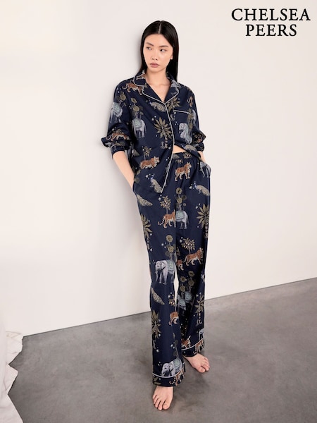 Blue - Chelsea Peers Cotton Twilight Safari Print Long Pyjamas Set
