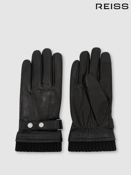 Қара - Regular Reiss Mael Leather Ribbed-cuff Gloves