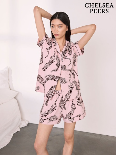 Pink - Chelsea Peers Cotton Lino Cut Leopard Print Short Pyjama Set
