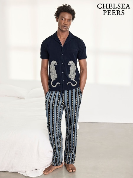 Mėlyna - Regular Chelsea Peers Cotton Embroidered Leopard Long Pyjamas Set