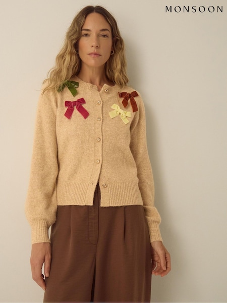 لون طبيعي - Monsoon Mila Bow Embellished Crew Neck Cardigan