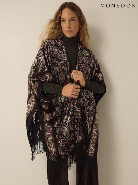 Crno - Monsoon Regan Paisley Devoré Fringe Poncho