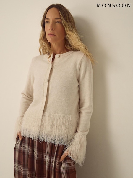Crème - Monsoon Fina Fringe Crew Neck Cardigan