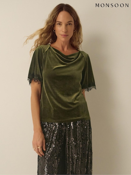 Πράσινο - Monsoon Vina Lace Trim Velvet Top