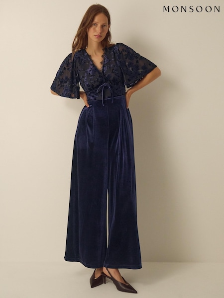 أزرق - Monsoon Nadine Floral Devoré Velvet Jumpsuit
