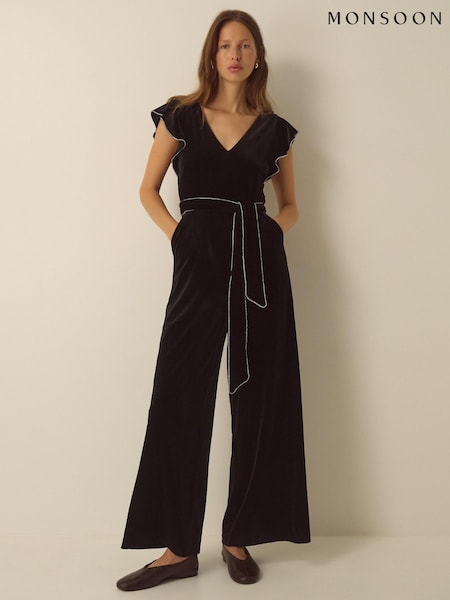 أسود - Monsoon Dionne V-neck Velvet Jumpsuit