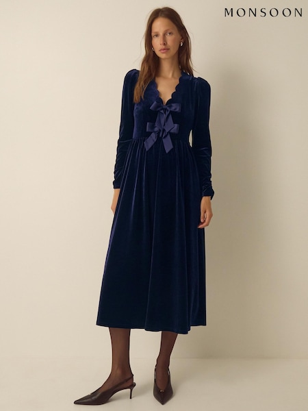 Blue - Monsoon Britney V-neck Bow Velvet Midi Dress
