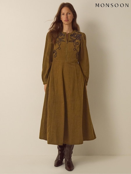 Πράσινο - Monsoon Edie Long Sleeve Embroidered Corduroy Midi Dress