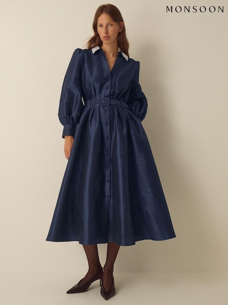 Μπλε - Monsoon Hallie Embellished Collar Midi Shirt Dress