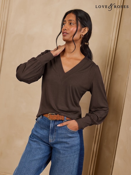 Chocolate Brown - Love & Roses V-neck Jersey Top