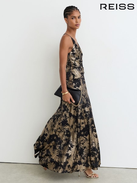 Black/Gold - Reiss Rylie Metallic-jacquard Strappy Cut-out Maxi Dress
