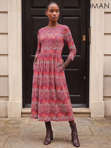 Red - Roman Zig Zag Print Midi Dress