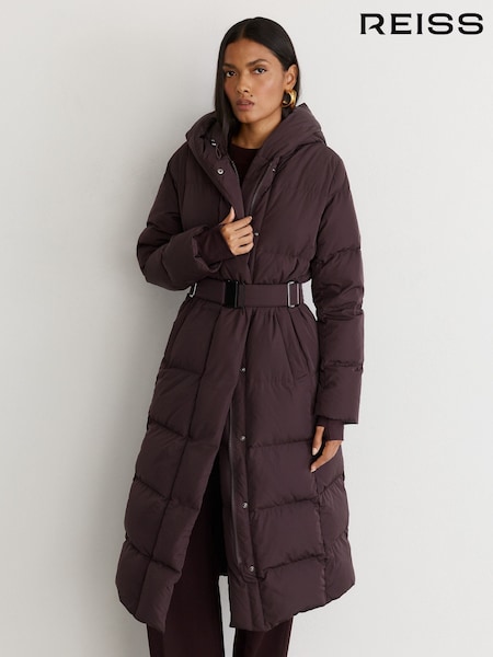 Tamsi vynuogė - Reiss Larissa Belted Longline Hooded Puffer Coat