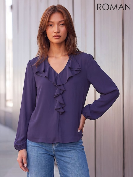 Purple - Roman Plain Ruffle Neck Blouse
