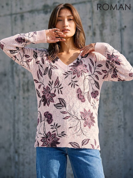 Pink - Roman Printed V-neck Knit Jumper