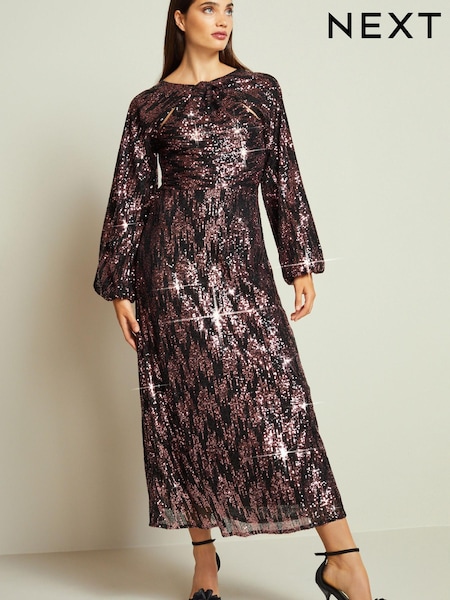 Black/Pink Long Sleeve Twist Sequin Midi Dress (286120) | €43