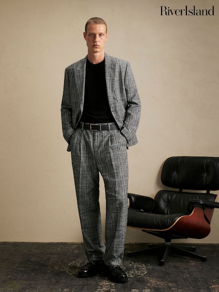 Grey - Regular River Island Relaxed Fit Check Suit Trousers