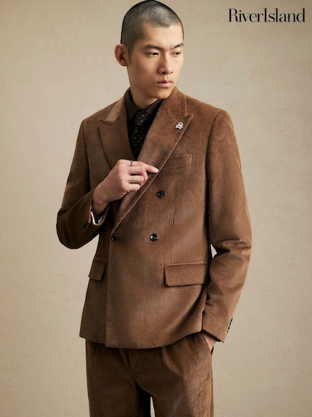Brown - Regular River Island Corduroy Double Breasted Suit Jacket