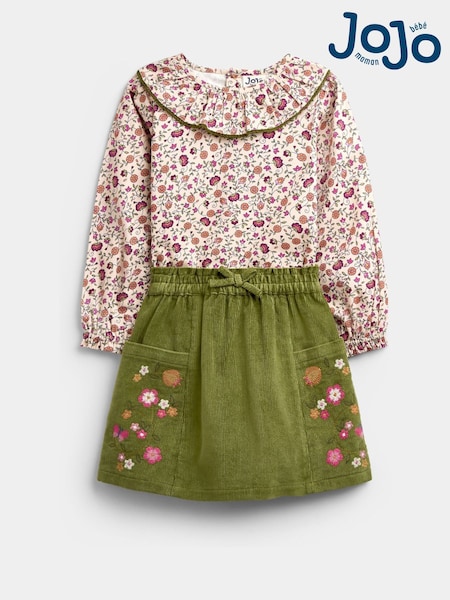 Хакі Зелений квітковий - Jojo Maman Bébé Printed Collar Top & Embroidered Cord Skirt