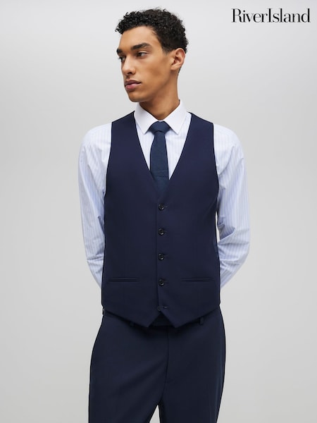 Navy Blue - Regular River Island Slim Fit Waistcoat