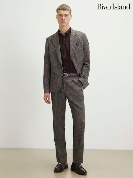 Brown - Regular River Island Slim Fit Textured Suit Trousers