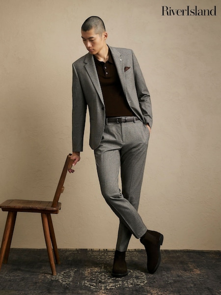 Grey - Regular River Island Slim Fit Puppytooth Suit Trousers