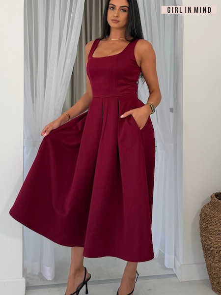 Red - Girl In Mind Erica Square Neck Pleated Midi Dress